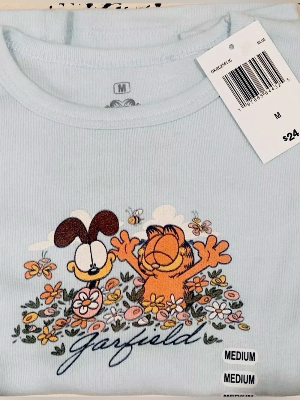 NWT Ripple Junction Juniors/Women’s M Garfield & Odie Light Blue Cropped Tee